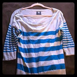 3/4 length sleeves. Gray and blue striped sweater